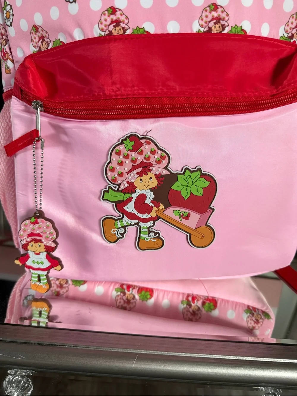 Strawberry Shortcake Pink Polka Dot Backpack 16in H 12in W